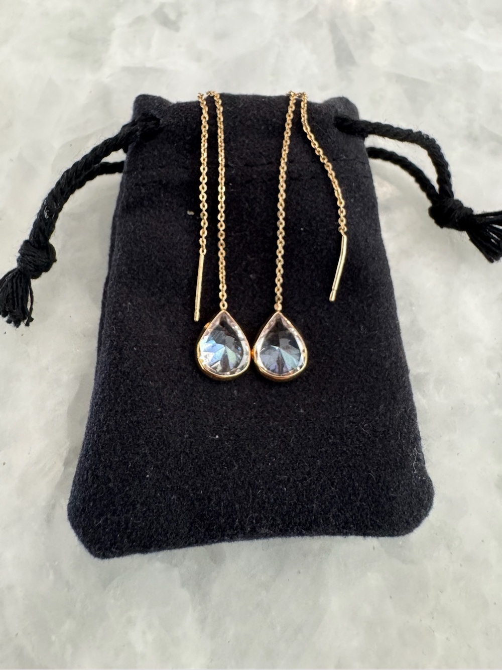 Anthropologie Elegant Gold Threader Earrings with Teardrop Clear Crystals